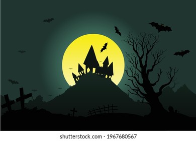 Halloween scary background vector illustration Old castle on mountain top 