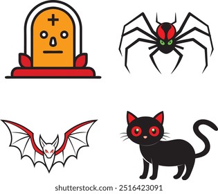 Morcego assustador Halloween, aranha negra, gato preto com olho grande vermelho e ícone de pedra grave definir linha arte vetor ilustração.