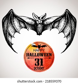 Halloween scary bat. Typographic poster background. Hand-drawn illustration and watercolor. Vector design sketch