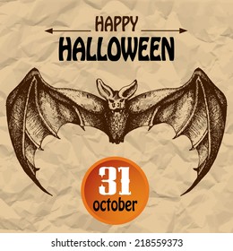 Halloween scary bat. Typographic poster background. Hand-drawn illustration. Vector design sketch