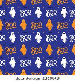 Halloween scary boo ghost seamless pattern, Funny ghost wallpaper for textile and fabric. Fashion Halloween style. Orange, Purple and White Color