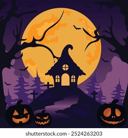 Castelo assustador Halloween na floresta com abóboras assustadoras, cartaz assustador meia-noite, fundo vetorial. Dia das Bruxas truque feriado ou tratar festa banner com lua meia-noite e cemitério com túmulos, morcego.