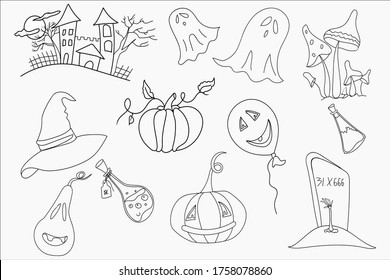 Halloween Scary castle and full moon, hat, pumpkin, potion, ghost, grave, mushrooms, evil faces