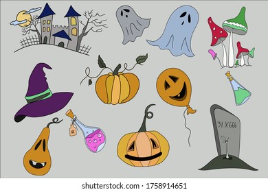 Halloween Scary castle and full moon, hat, pumpkin, potion, ghost, grave, mushrooms, evil faces