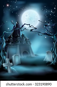 Halloween scary castle graveyard background with a spooky haunted castle, spooky trees and graves and a full moon