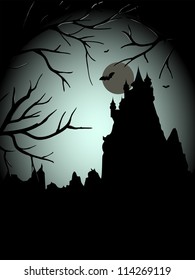 Halloween scary castle with the moon and free place for text