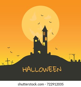 Halloween scary castle on full moon background. Vector illustration
