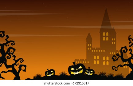 Halloween scary castle and pumpkin landscape