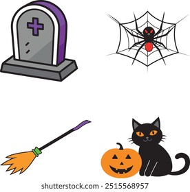 Halloween scary cat, black jack-o-lantern, witch broom, scary colorful spider icon set 