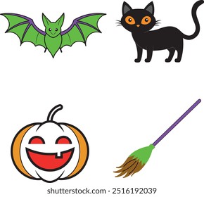 Halloween scary cat, black jack-o-lantern, witch broom, scary colorful spider icon set