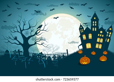 Halloween scary cemetery picture with silhouettes of castle crosses and dead tree at moonlight background flat vector illustration 