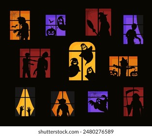 Halloween scary character silhouettes in windows. Vector haunted house facade with creepy and spooky pumpkin face, witch, bats and zombie, scarecrow, hands, ghosts, werewolf and grim reaper or death