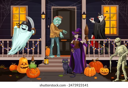 Halloween scary characters at holiday decorated door porch. Fall season horror cottage terrace, Halloween house doorway vector background with zombie, ghost, witch, mummy and dracula characters