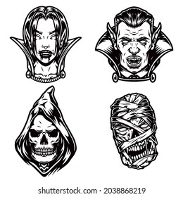 Halloween scary characters monochrome concept with egyptian mummy grim reaper male and female vampires heads in vintage style isolated vector illustration
