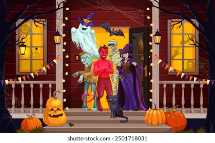 Halloween scary characters on the door porch. Halloween house entrance doorway, witchcraft holiday cottage decorated porch vector wallpaper with devil, zombie, witch and ghost, mummy scary characters