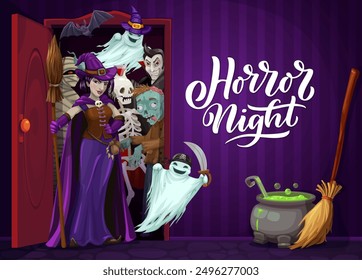 Halloween scary characters in opened door for horror night holiday, cartoon vector. Witch with spooky boo ghost, skeleton and zombie with mummy and vampire at house door for Halloween trick or treat