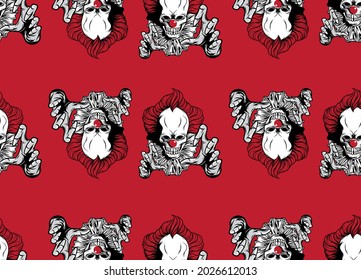 Halloween with scary clown skulls faces seamless pattern isolated on red background. vector illustration