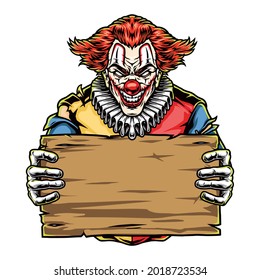 Halloween scary clown with wooden plank in vintage style isolated vector illustration