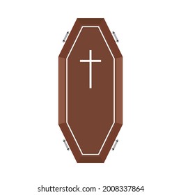 Halloween-Sarg, Vektordesign auf weißem Hintergrund. Halloween-Sarg-Design mit Holzschatten und christlichem Kreuz. Holzfarben-Sarg-Vektorgrafik für kommendes Halloween-Ereignis.
