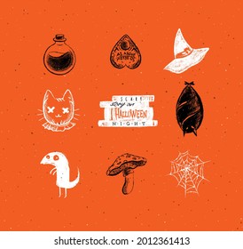 Halloween erschreckendes Kollektion Elixir, Flasche, Ouija, Hut, Katzenkopf, erschreckende Geschichten, Fledermäuse, Dracula, Chupacabra, Pilz, Spinnennetzelemente und Symbole für handgezeichnete Dekorationen mit Kreide oder