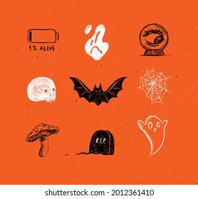 Halloween scary collection ghost, bat, spider, battery, skull, spirit ball, mushroom, headstone elements and icons for decorations in hand drawing style with chalk on orange background