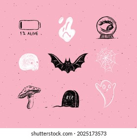 Halloween scary collection ghost, bat, spider, battery, skull, spirit ball, mushroom, headstone elements and icons for decorations in hand drawing on pink background