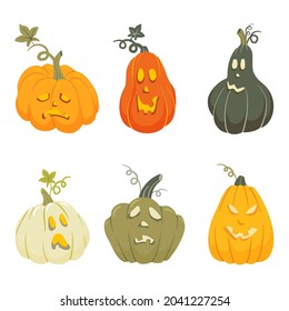 Halloween scary colorful pumpkins with smile, happy face collection. Squash Jack-o'-lantern (carved pumpkin) isolated on white background. Cartoon vector illustration