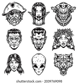 Halloween scary creatures vintage collection with pirate devil angry werewolf clown alien dead bride vampire girl male and female zombies in monochrome style isolated vector illustration