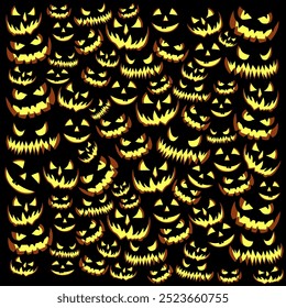 Halloween scary and creepy black pumpkin background with face pattern, seamless vector. Halloween, horror night, holiday and trick or treat party creepy pumpkins, gloomy faces and orange pattern