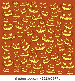 Halloween scary and creepy orange pumpkin background with face pattern, seamless vector. Halloween, horror night, holiday and trick or treat party creepy pumpkins, gloomy faces and orange pattern