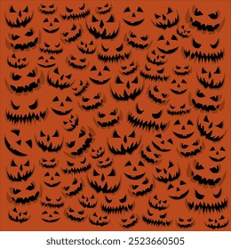 Halloween scary and creepy orange pumpkin background with face pattern, seamless vector. Halloween, horror night, holiday and trick or treat party creepy pumpkins, gloomy faces and orange pattern