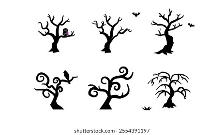 Halloween scary crooked tree illustration set