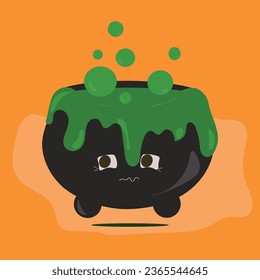 Halloween Scary Cute Green potion Black Cauldron with Eyes and Green Bubbles. Halloween Season Vector Illustration.