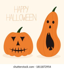 Halloween scary and cute pumpkin. "Happy Halloween" lettering. 