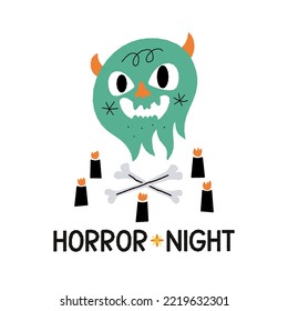 Halloween. Scary demon hand drawn illustration. Creepy design element for spooky party. Autumn seasonal art. Candles, bones, horror night lettering.