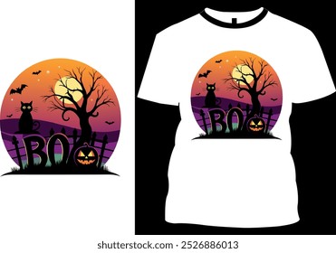 Halloween Scary Design with Boo, Sun, Tree and Pumpkin T Shirt Design