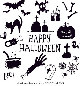 Halloween scary doodle handmade icon silhouettes vector.