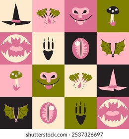 Halloween scary element seamless pattern on checkerboards in pink, green and pink. For Halloween fabric, textile and wrapping paper, wallpaper, cover