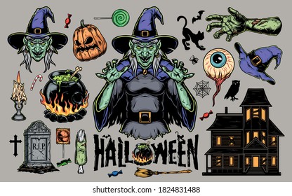 Halloween scary elements vintage set with witch hat broom cauldron zombie body parts sweets haunted house human eye animals tombstone burning candle pumpkin isolated vector illustration
