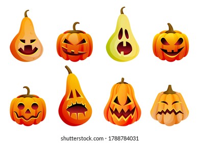 Halloween scary emotion pumpkins icons set. Vector flat cartoon illustration. Horror Jack o lanterns faces expression. October autumn holidays funny design elements, isolated on white background
