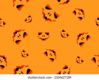 Halloween scary face with glowing eyes in pixel style. Seamless pattern with scary faces carved on a pumpkin in 8-bit 80-90s video game style. Design for applications and banners. Vector illustration