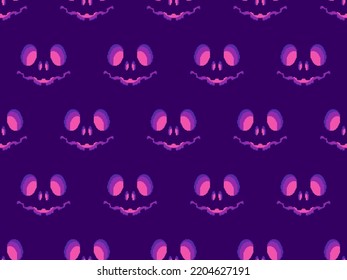 Halloween scary face with glowing eyes in pixel style. Seamless pattern with scary faces carved on a pumpkin in 8-bit 80-90s video game style. Design for applications and banners. Vector illustration