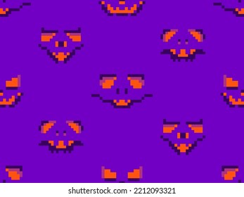Halloween scary face with glowing eyes in pixel style. Seamless pattern with scary faces carved on a pumpkin in 8-bit 80-90s video game style. Design for applications and banners. Vector illustration