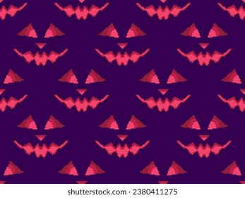 Halloween scary face with glowing eyes in pixel style. Seamless pattern with scary faces carved on a pumpkin in 8-bit 80-90s video game style. Design for applications and banners. Vector illustration
