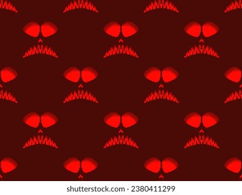 Halloween scary face with glowing eyes in pixel style. Seamless pattern with scary faces carved on a pumpkin in 8-bit 80-90s video game style. Design for applications and banners. Vector illustration
