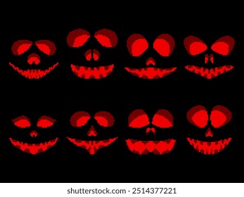 Halloween scary face icons set in pixel art style. Pixel scary pumpkin face in 8-bit retro graphic style of 80s and 90s games. Design for games, apps, banners and posters. Vector illustration