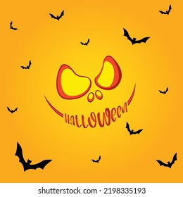 Halloween with Scary face of pumpkin and Bats premium vector illustration