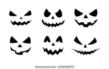 Cara de miedo de Halloween en color negro. Caras de calabaza y fantasmas de Halloween aterradoras y divertidas. Conjunto de espeluznantes rostros de calabaza de Halloween con varias expresiones de Ilustración vectorial.