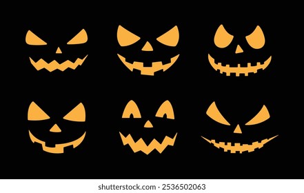 Halloween scary face set in orange color. Collection of funny and scary ghost or pumpkin faces for Halloween. Vector illustration isolated on black background.