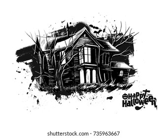 Halloween - Scary Farmhouse Hand Drawn Sketch Vector Background